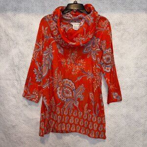 Gretchen Scott Tunic Womens M Queeny Funnel Cowl Imari Paisley Orange Knit Top